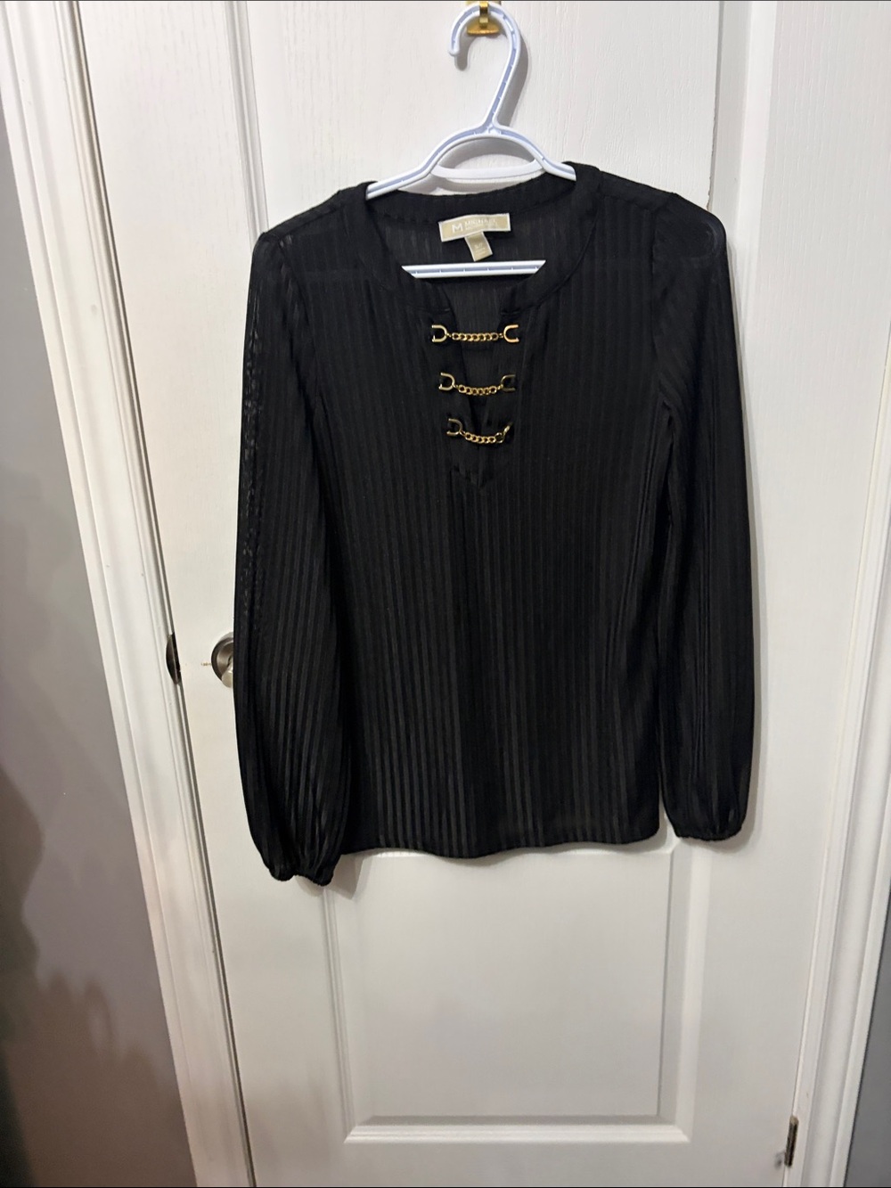 Michael Kors Black Long-Sleeve Blouse with Gold Chain Detail